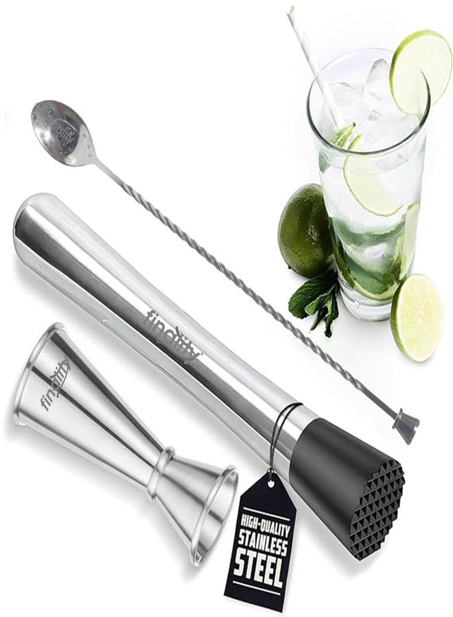 finality Mojito Muddler Bar Tool Set, 3 PCS Cocktail Set Mixing Tools Stainless Steel Cocktail Muddler with Cocktail Spoon Long Handle and Jigger for Mojitos Fruit Drinks (Stirrer Spoon - RPM) - Image 1
